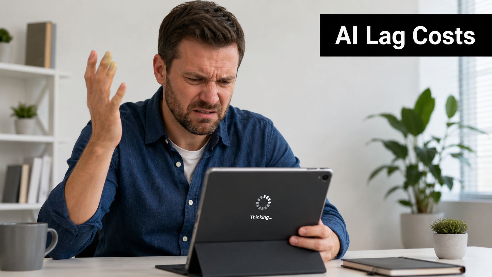 A frustrated man looking at a tablet showing a loading spinner while experiencing AI performance lag.