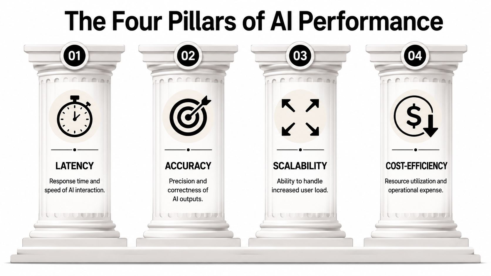 A diagram titled The Four Pillars of AI Performance featuring pillars representing latency, accuracy, scalability, and cost-efficiency.
