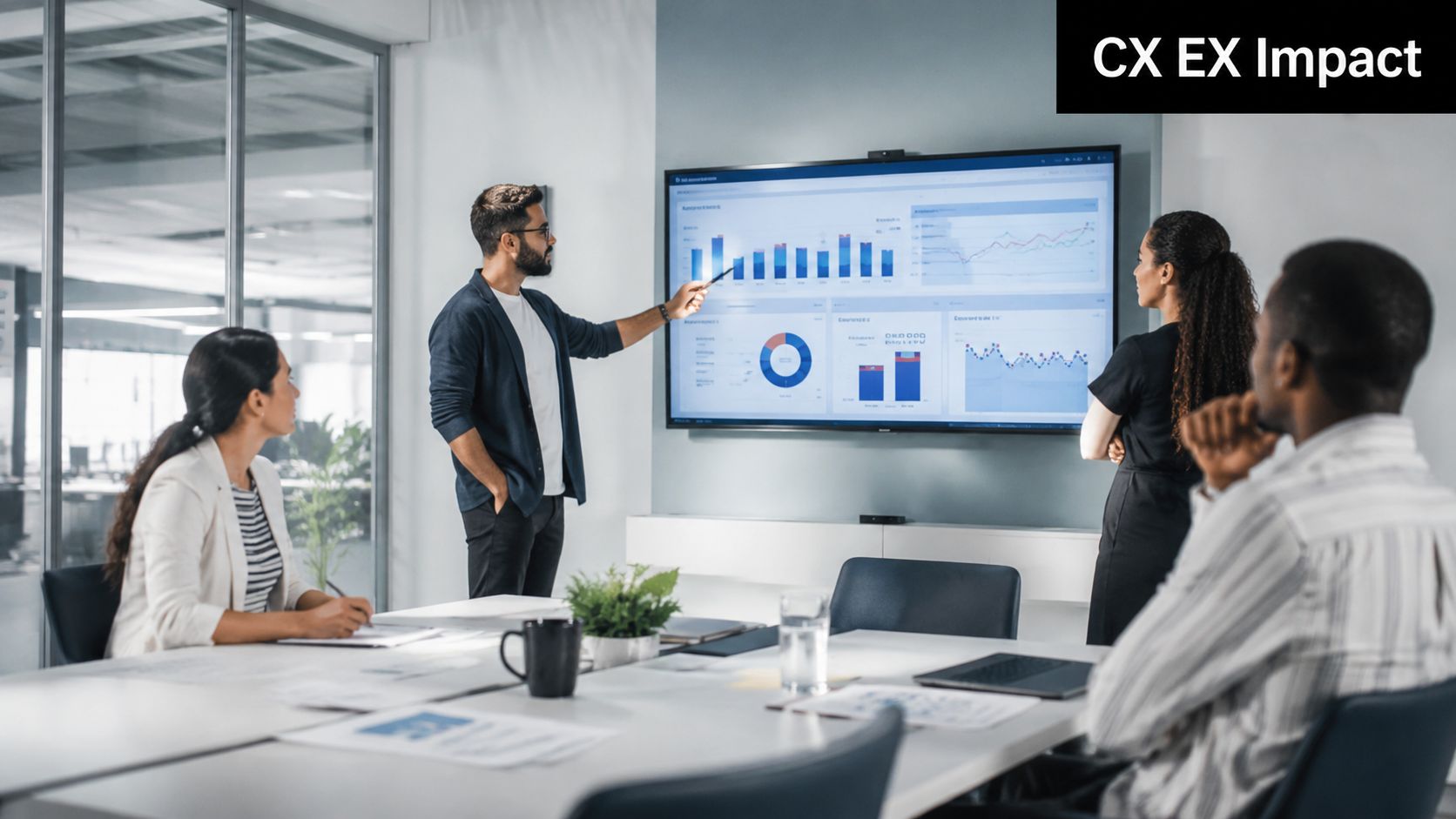 A professional team discussing data analytics on a large screen during a collaborative corporate office meeting.