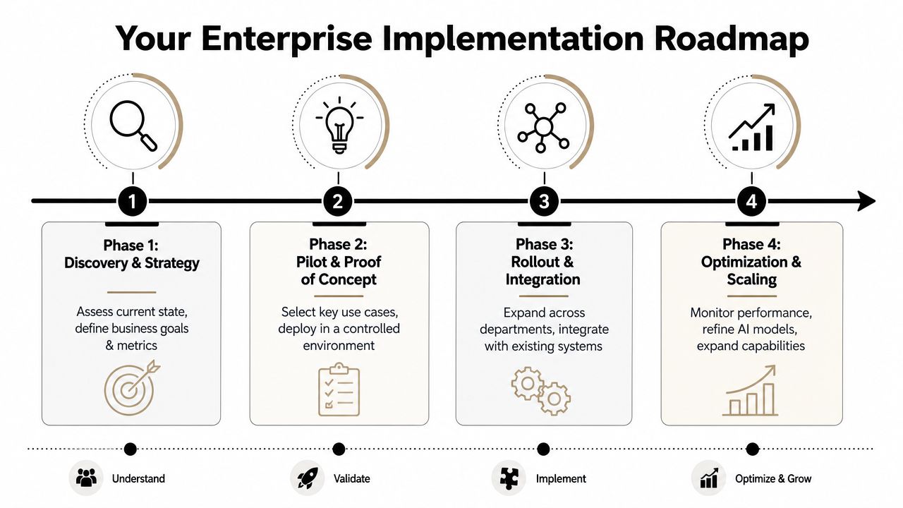 A four-phase enterprise implementation roadmap for AI strategy, covering discovery, pilot, rollout, and optimization stages.