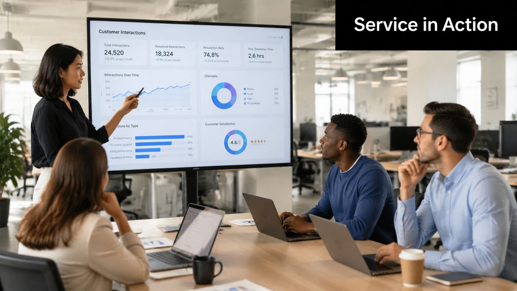 A professional team in a modern office analyzing customer service performance metrics on a large digital display.