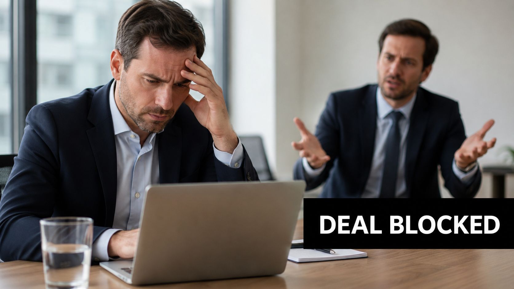 A stressed businessman working on a laptop while a frustrated colleague gestures in the background office setting.
