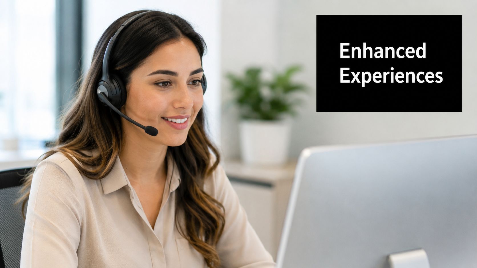 A friendly customer service representative wearing a headset while working on a computer in an office.