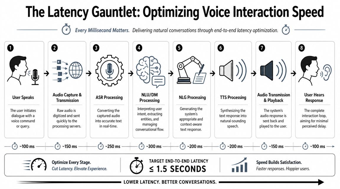 A diagram illustrating the eight stages of latency in voice interaction systems to improve user experience.