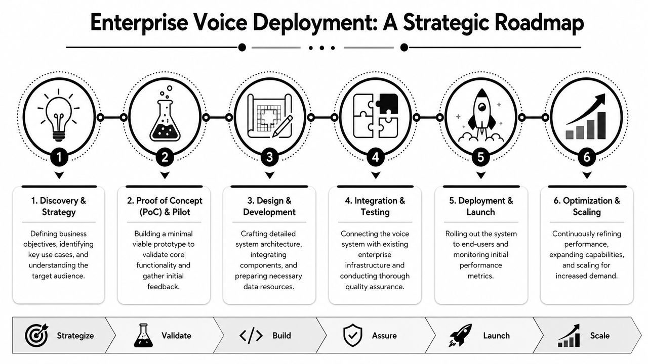 A strategic roadmap infographic illustrating the six key stages for deploying an enterprise voice system.