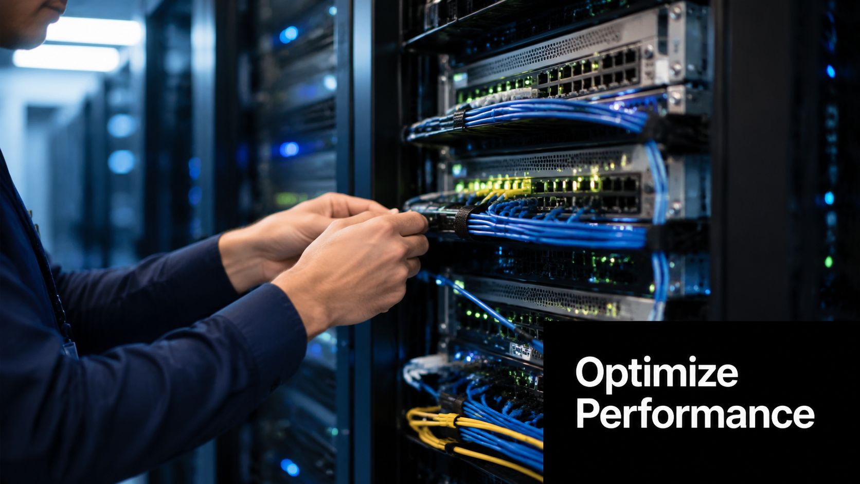 A technician performing maintenance on network servers in a data center to optimize digital infrastructure performance.