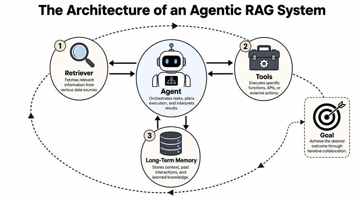A diagram illustrating the architecture of an agentic RAG system showing the agent, retriever, tools, and memory.