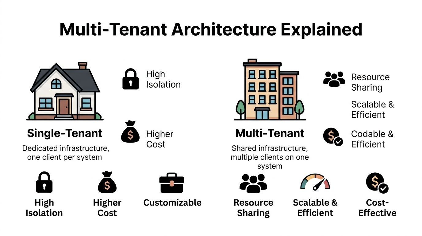 A comparison chart explaining the differences between single-tenant and multi-tenant software architecture models.