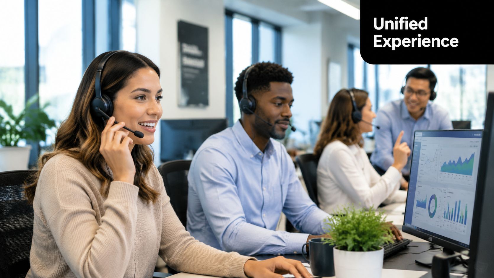 A professional customer service team working in a modern office with headsets and computer monitors.