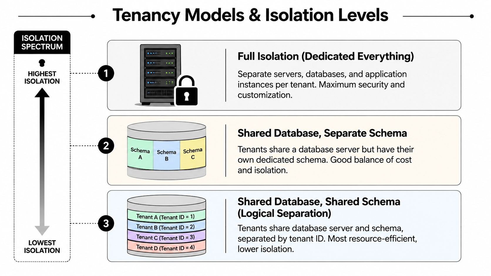 A diagram illustrating three levels of tenancy models and isolation in software architecture from highest to lowest.