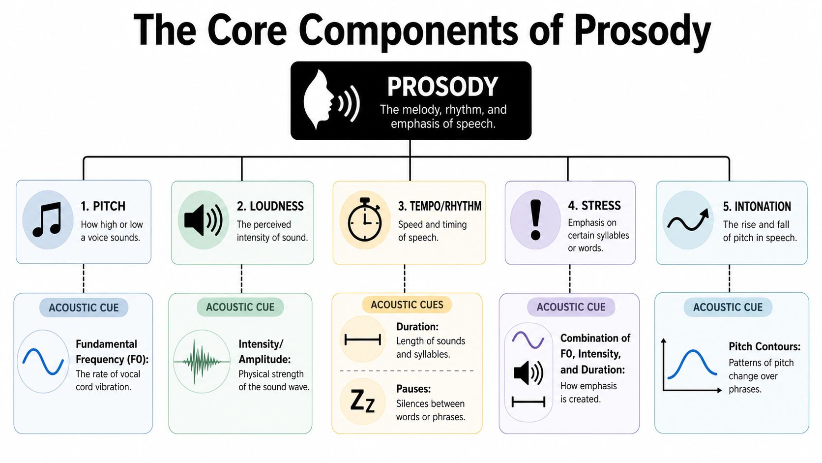 A diagram illustrating the five core components of prosody: pitch, loudness, tempo, stress, and intonation.