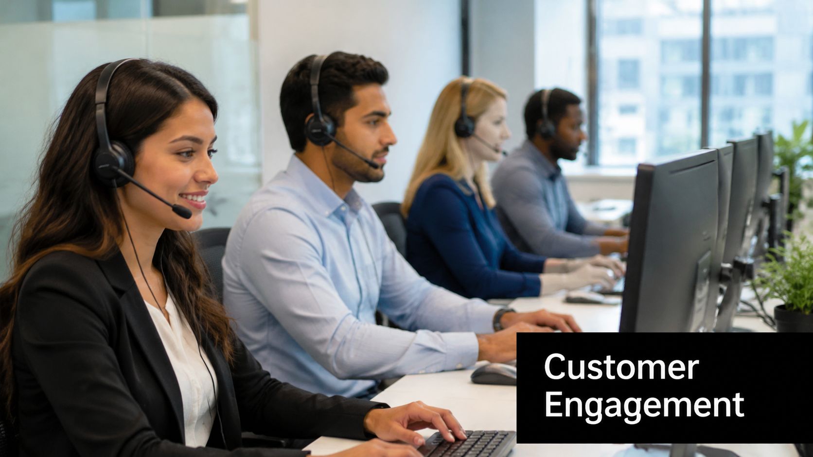 A team of diverse customer service representatives wearing headsets while working at computers in an office.