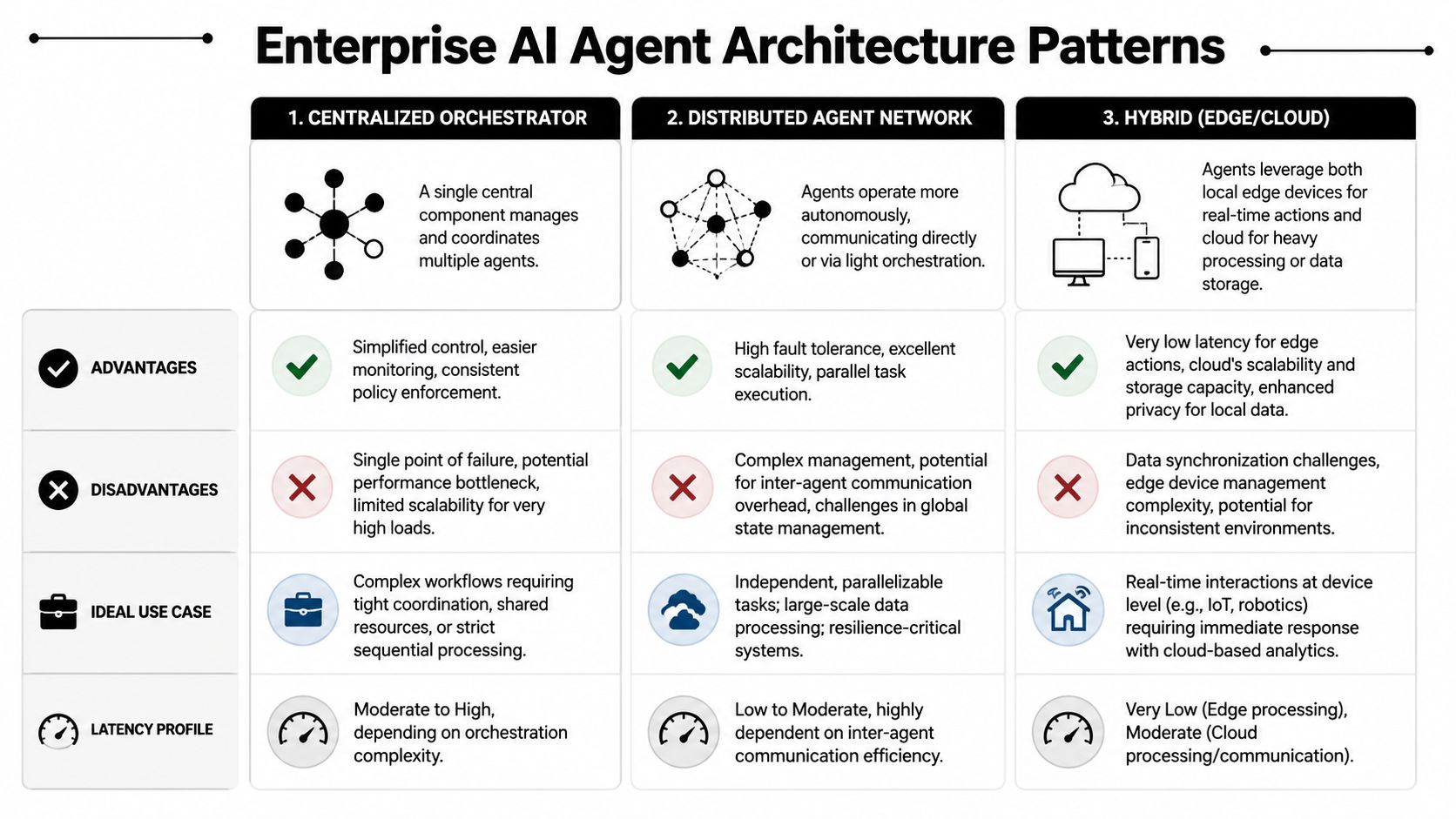 A comparison table outlining three architectural patterns for enterprise AI agents: Centralized, Distributed, and Hybrid models.