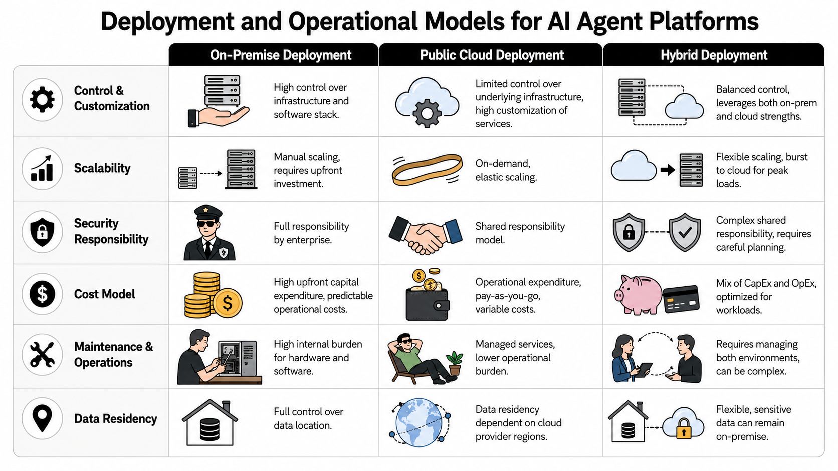 A comparison chart outlining the differences between on-premise, public cloud, and hybrid deployment models for AI platforms.