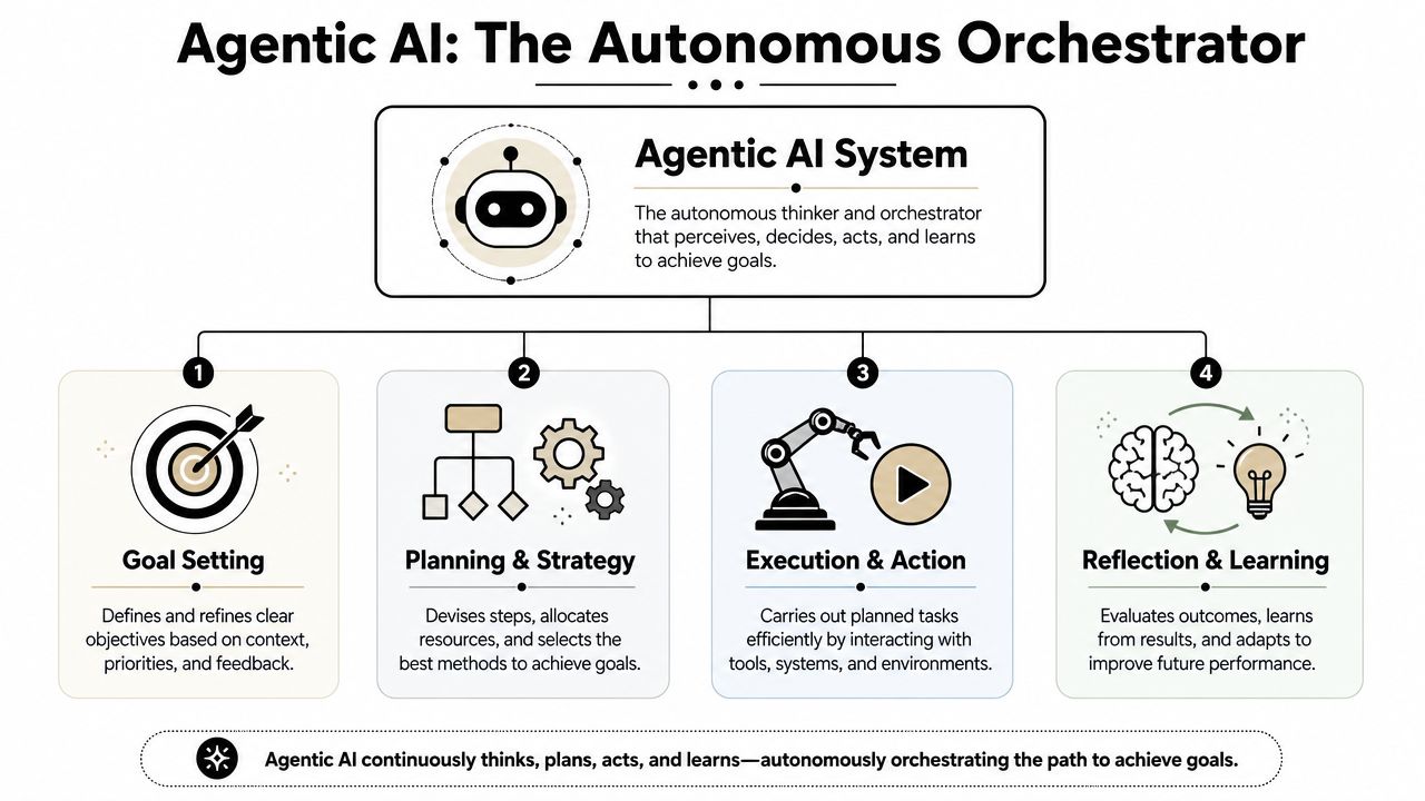 A diagram illustrating the four core components of an Agentic AI system: goal setting, planning, execution, and learning.
