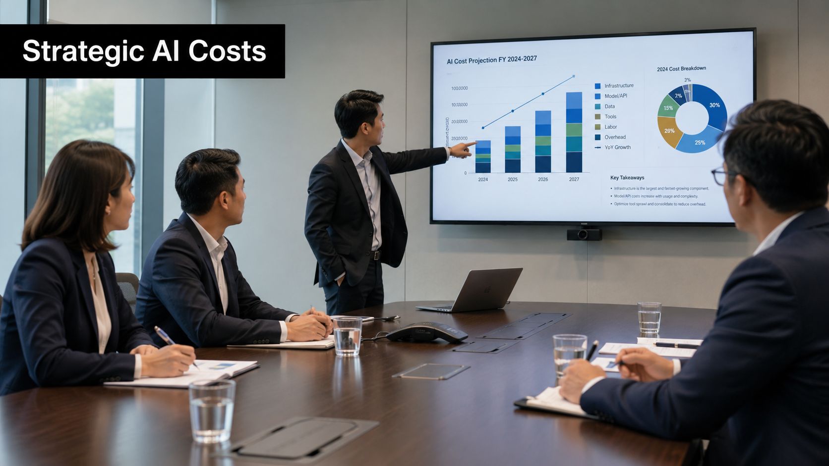 A professional presenter discusses AI cost projections for 2024 to 2027 in a boardroom meeting.
