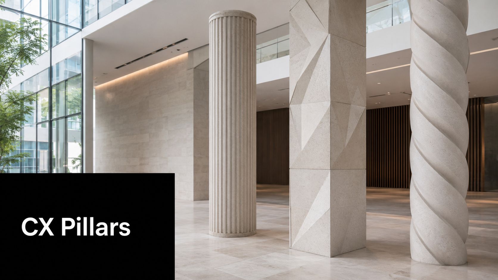 A modern lobby interior featuring three distinct stone pillars with cylindrical, geometric, and twisted designs.