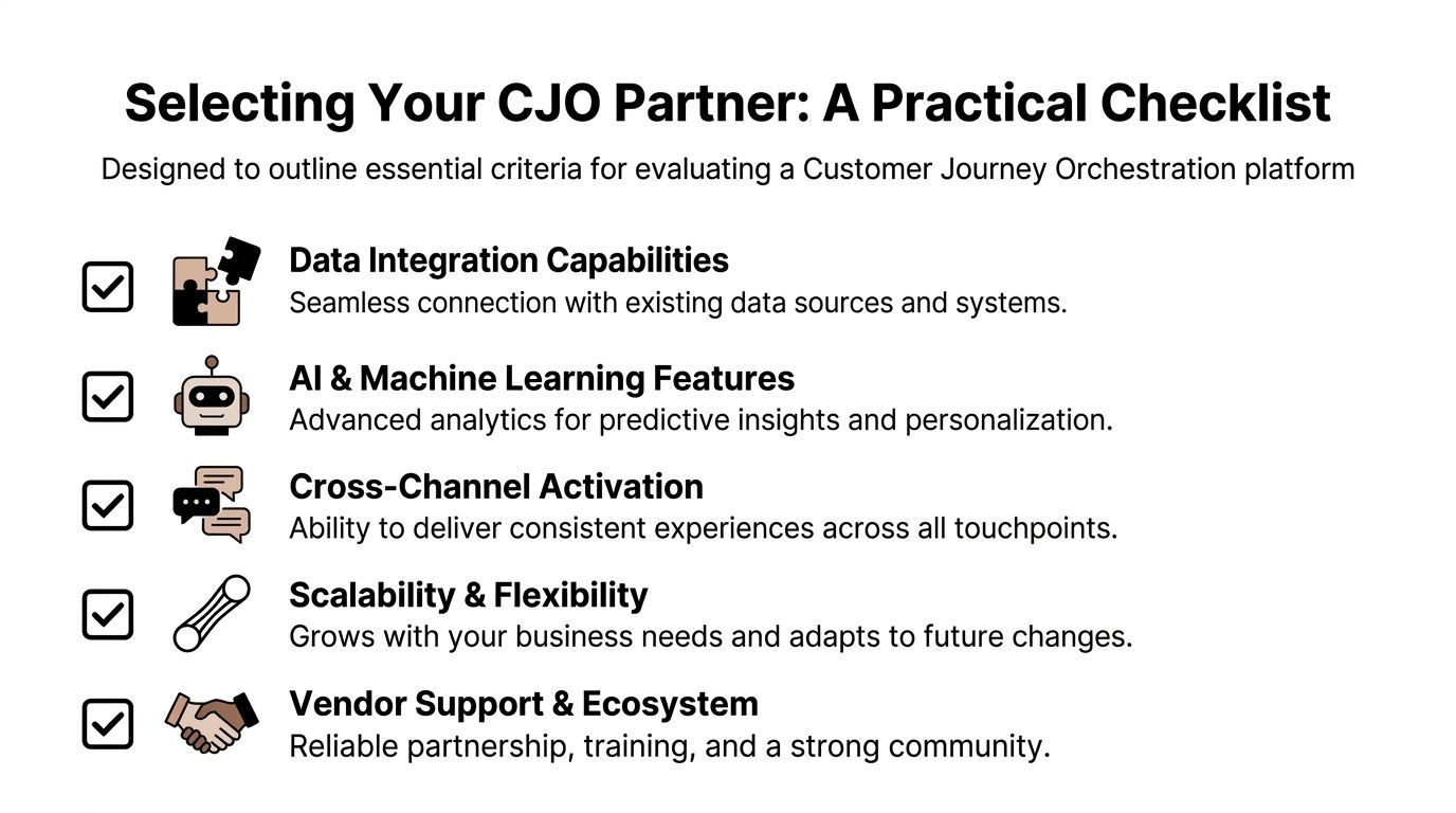A checklist for evaluating Customer Journey Orchestration platforms featuring five key criteria for selecting a partner.