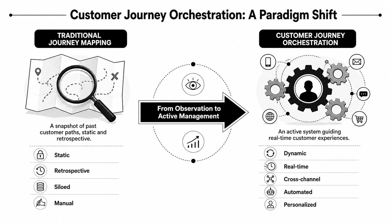 A diagram comparing traditional journey mapping as a static snapshot versus dynamic, automated customer journey orchestration.