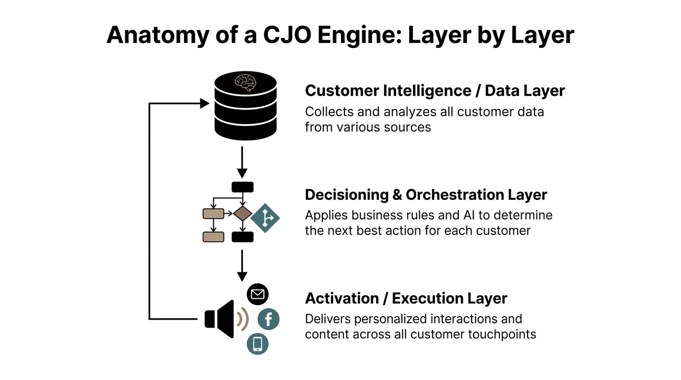 A diagram illustrating the three layers of a customer journey orchestration engine, from data to execution.