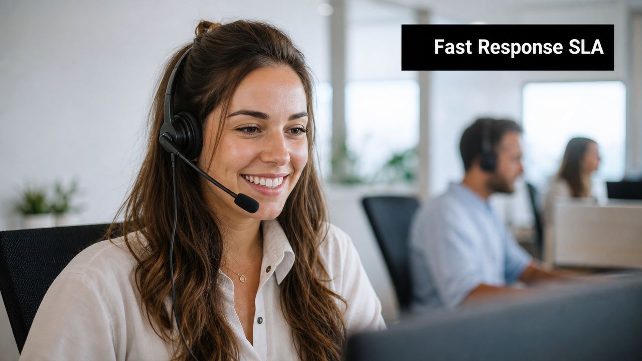 A friendly customer service representative wearing a headset and smiling while working in an office.