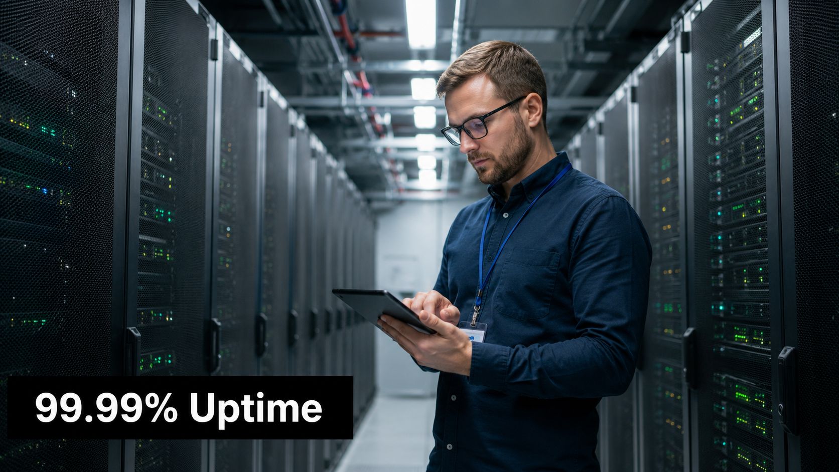 A professional IT technician monitoring server performance in a data center with a 99.99% uptime statistic.