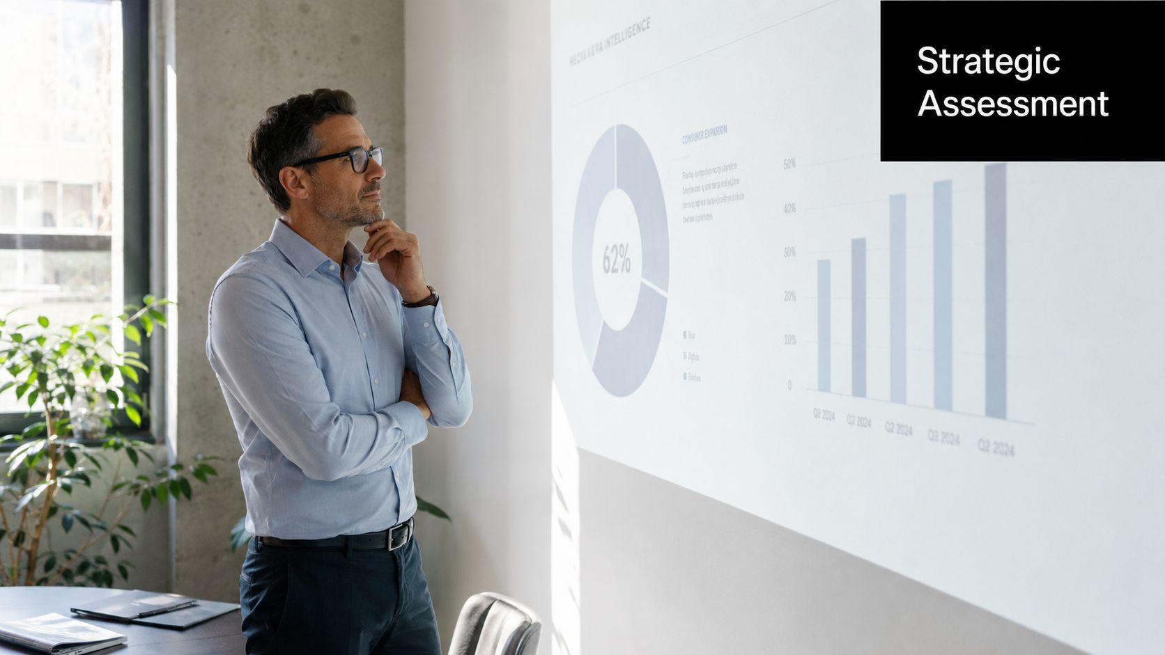 A professional man standing in an office looking thoughtfully at a projected business presentation dashboard.