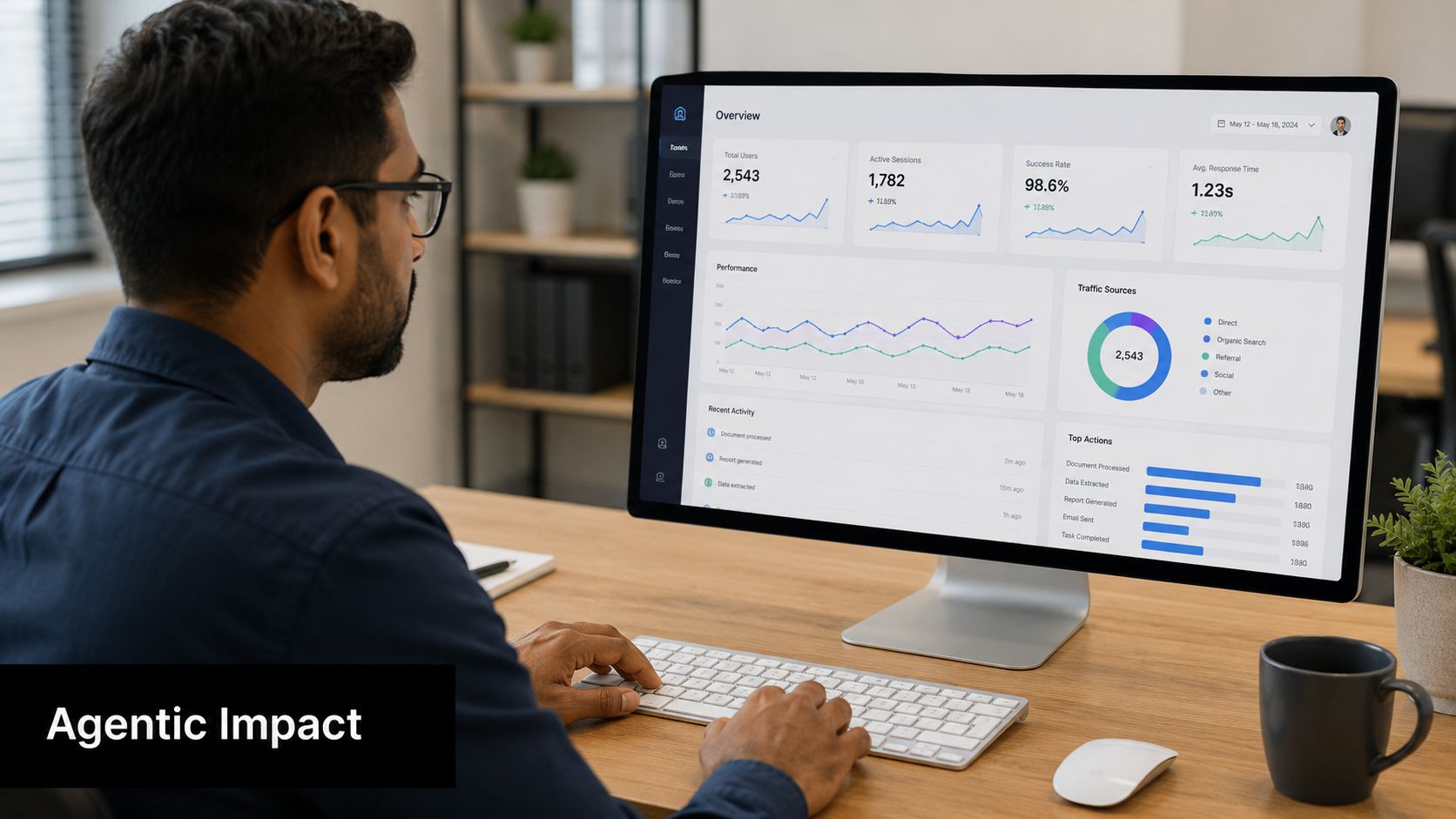 A man working on a computer dashboard analyzing analytics data representing agentic AI performance and business metrics.