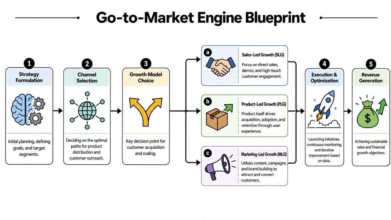 A Go-to-Market Engine Blueprint flowchart illustrating the five key stages from strategy formulation to revenue generation.