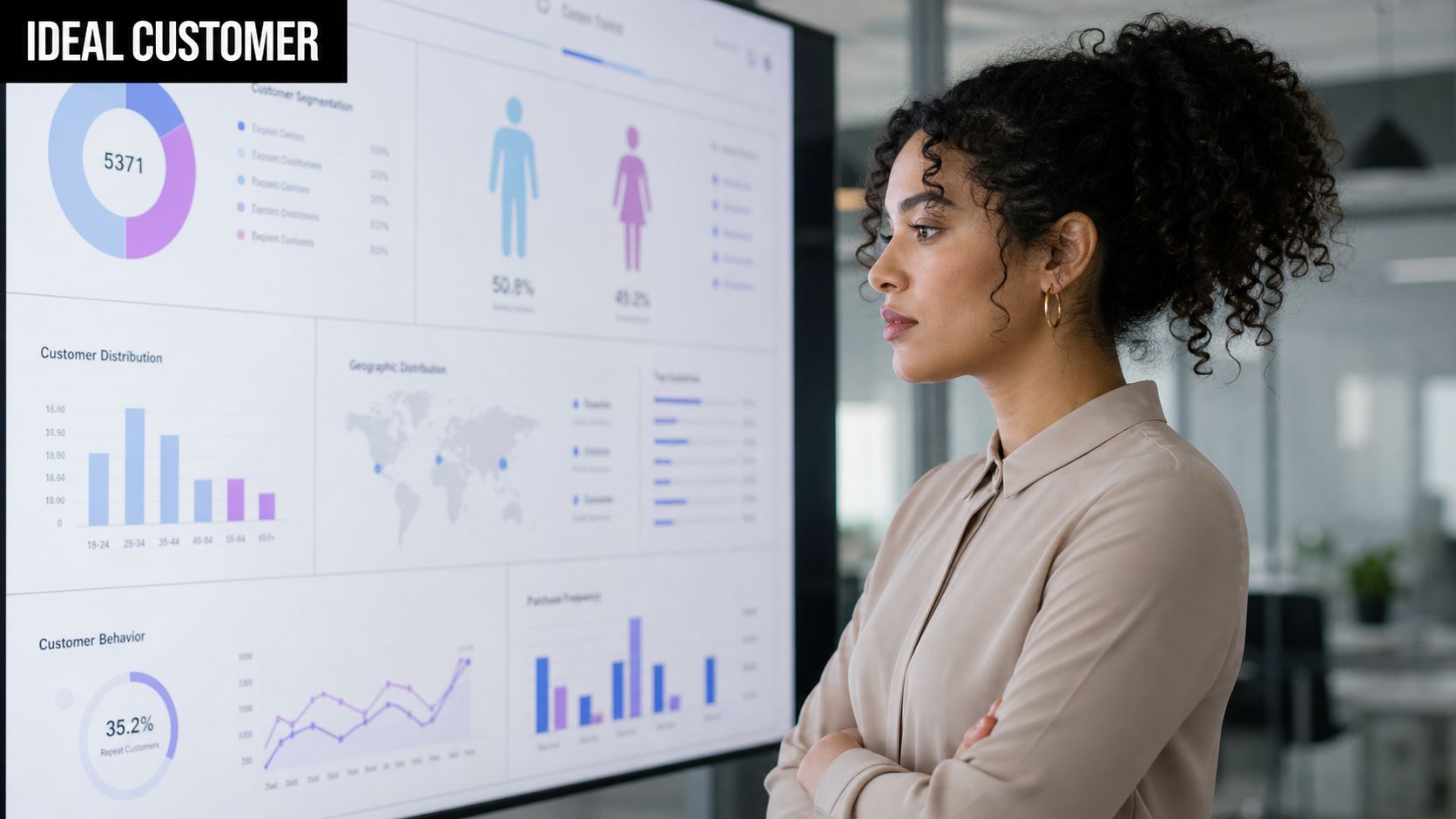A professional woman analyzing complex customer data and demographic charts on a large digital screen.