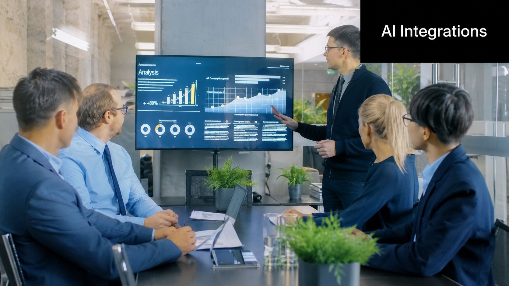 A professional team in a conference room discussing business data trends shown on a large digital screen.