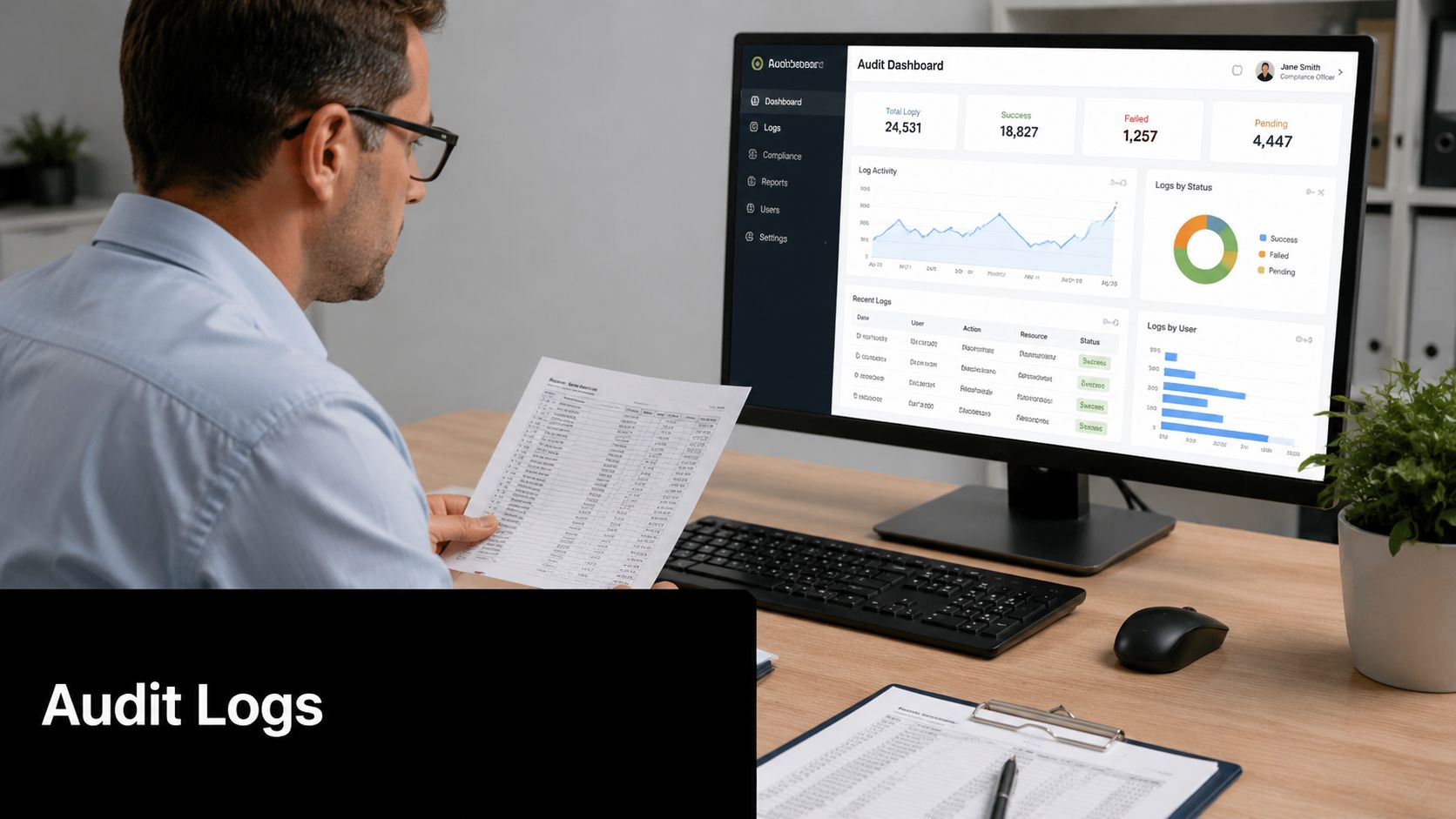 A professional reviewing digital and paper audit logs on a computer dashboard in an office environment.