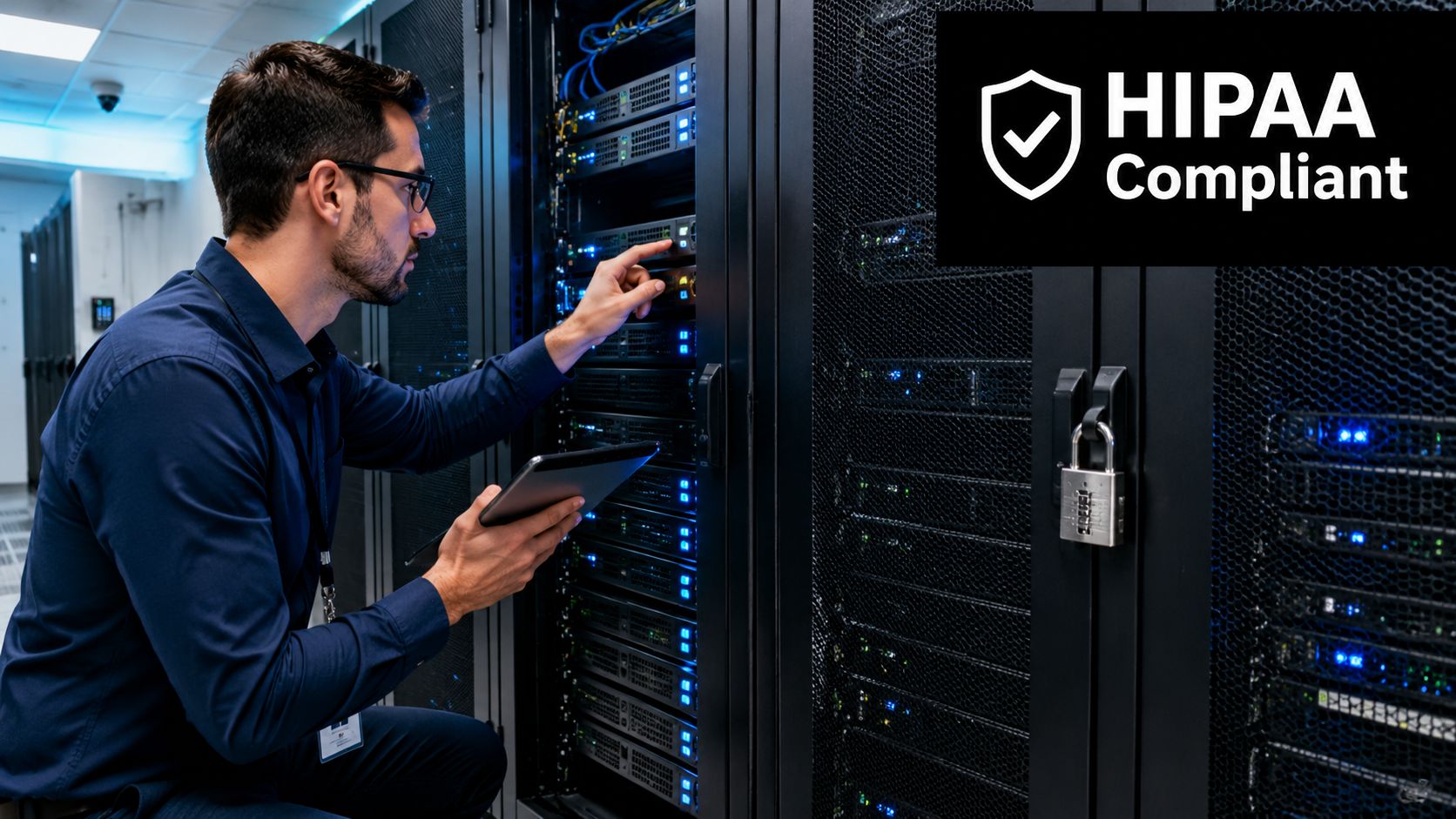 An IT technician checking server rack equipment in a secure facility that maintains HIPAA compliance standards.