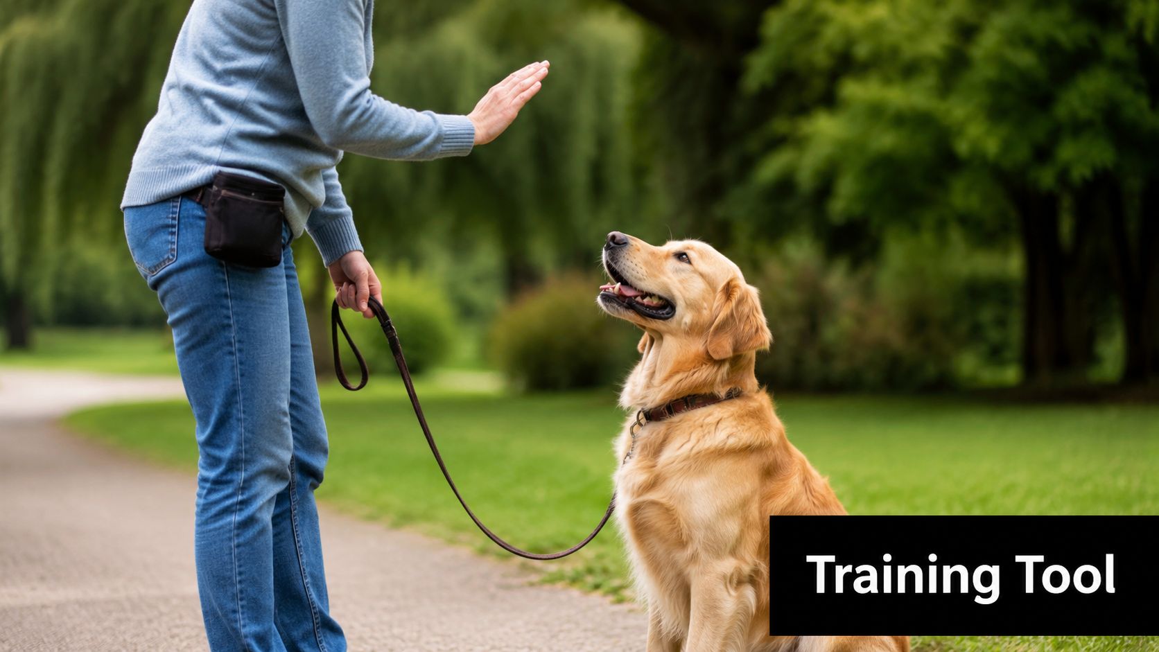 A person training a golden retriever dog to sit in a peaceful outdoor park setting.
