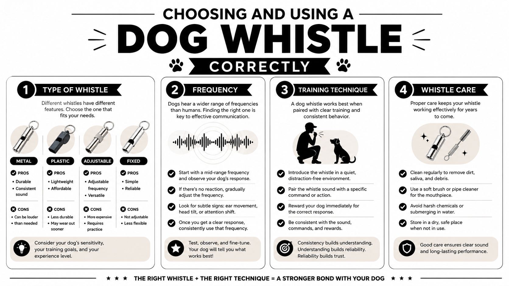 An infographic titled Choosing and Using a Dog Whistle Correctly, explaining types, frequency, training, and care.