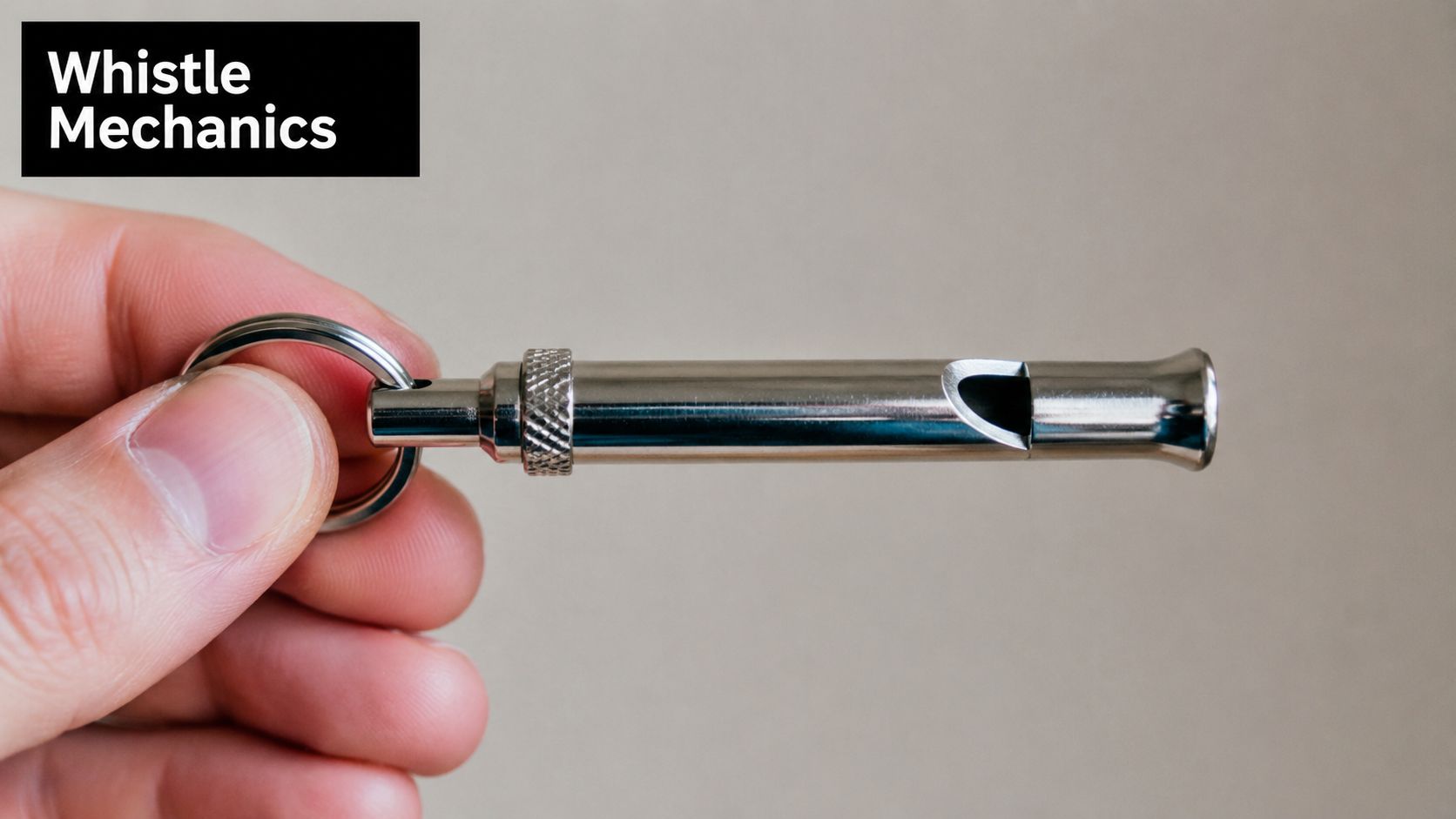 A close-up of a person's hand holding a metallic silent dog whistle by its key ring.