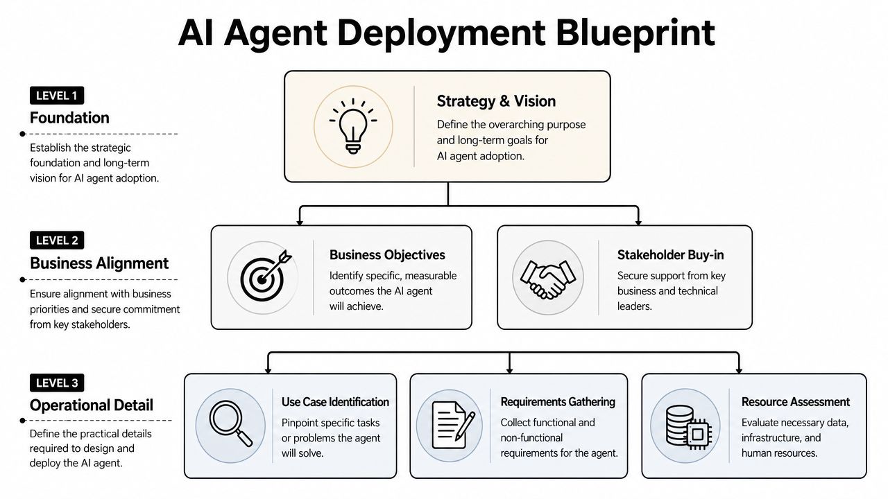 A hierarchical flowchart titled AI Agent Deployment Blueprint illustrating three levels of strategic planning and development.