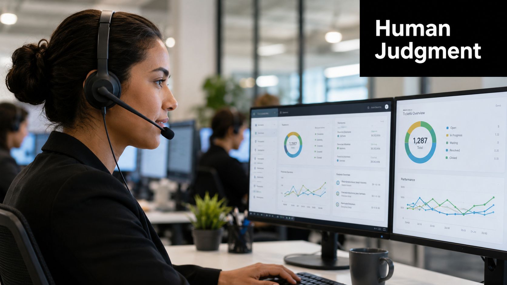 A professional customer service representative wearing a headset while monitoring data dashboards in an office environment.
