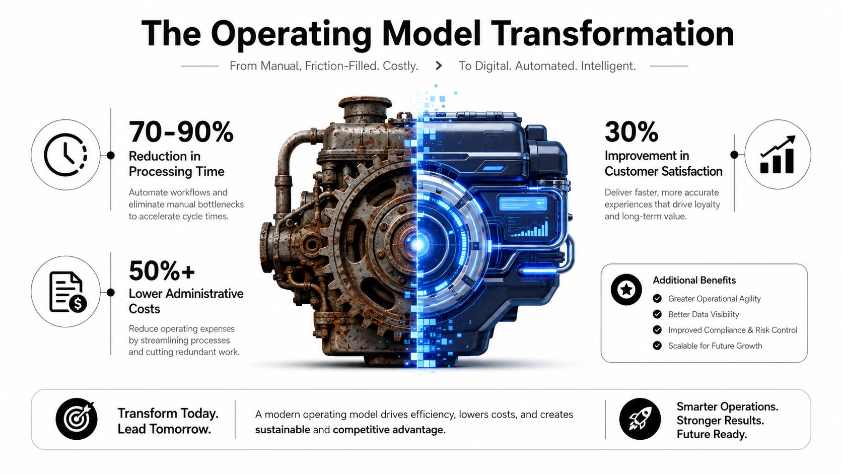 A conceptual diagram showing the transformation from a rusty manual engine to a modern digital operating model.