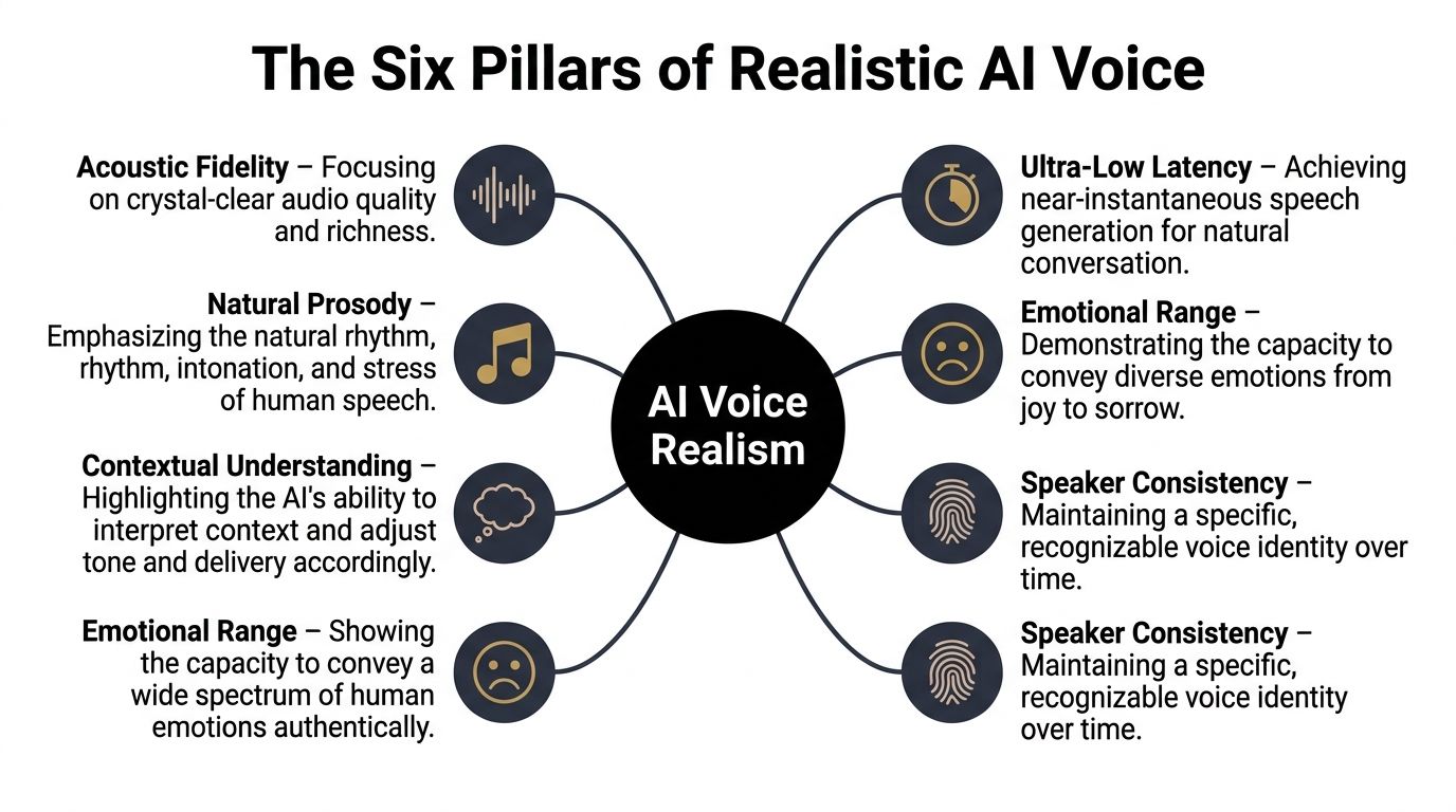 A diagram illustrating the six core pillars that define realism in artificial intelligence generated voice technology.