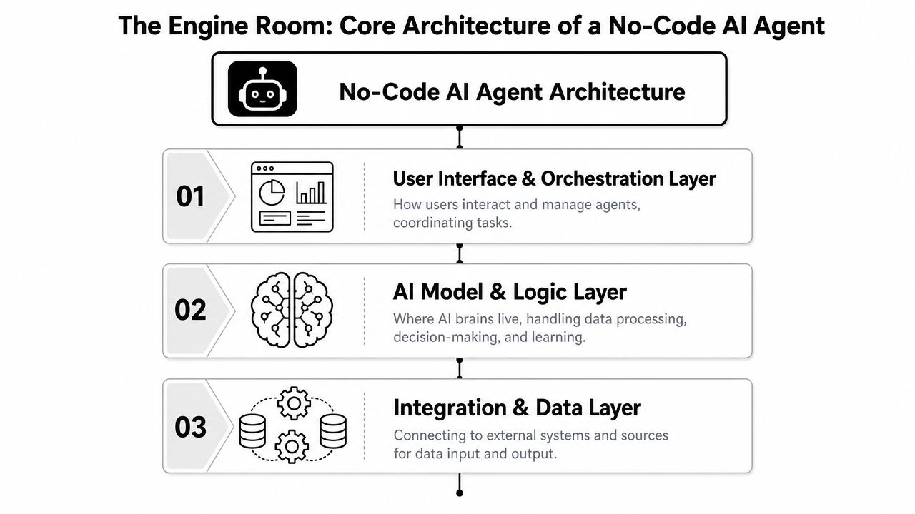 A diagram illustrating the three core architecture layers of a no-code AI agent system.