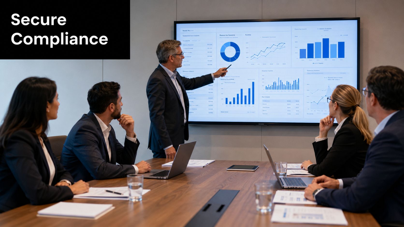 A professional business meeting with a leader presenting data charts on a large digital screen.