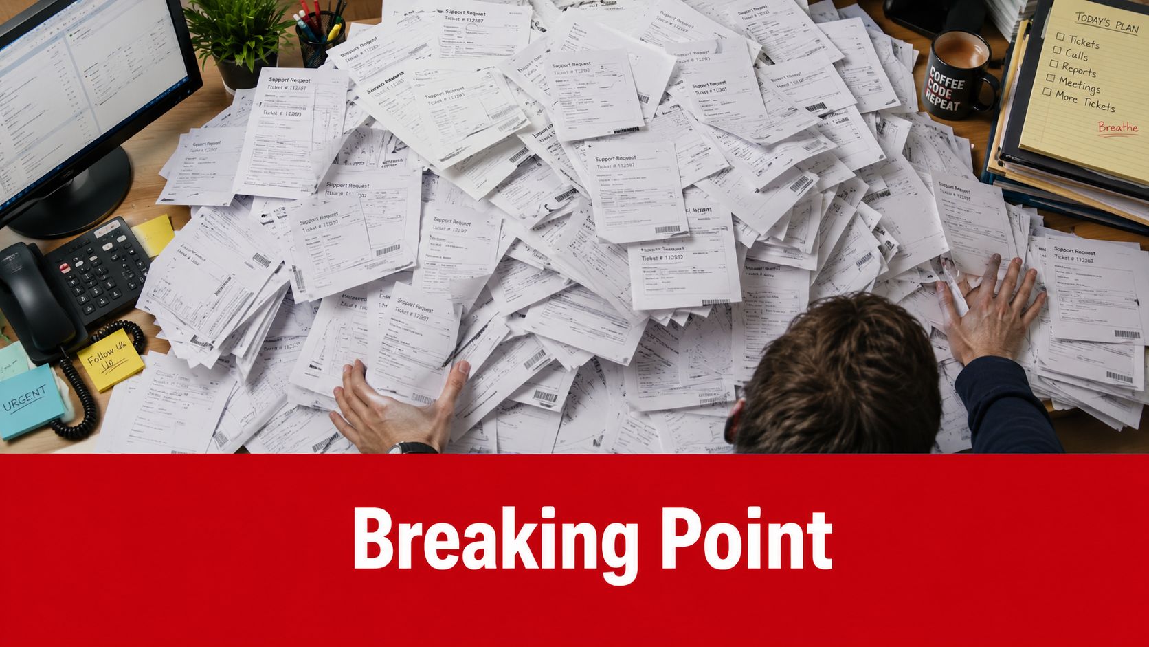A person overwhelmed by a massive pile of support request tickets covering their office desk.