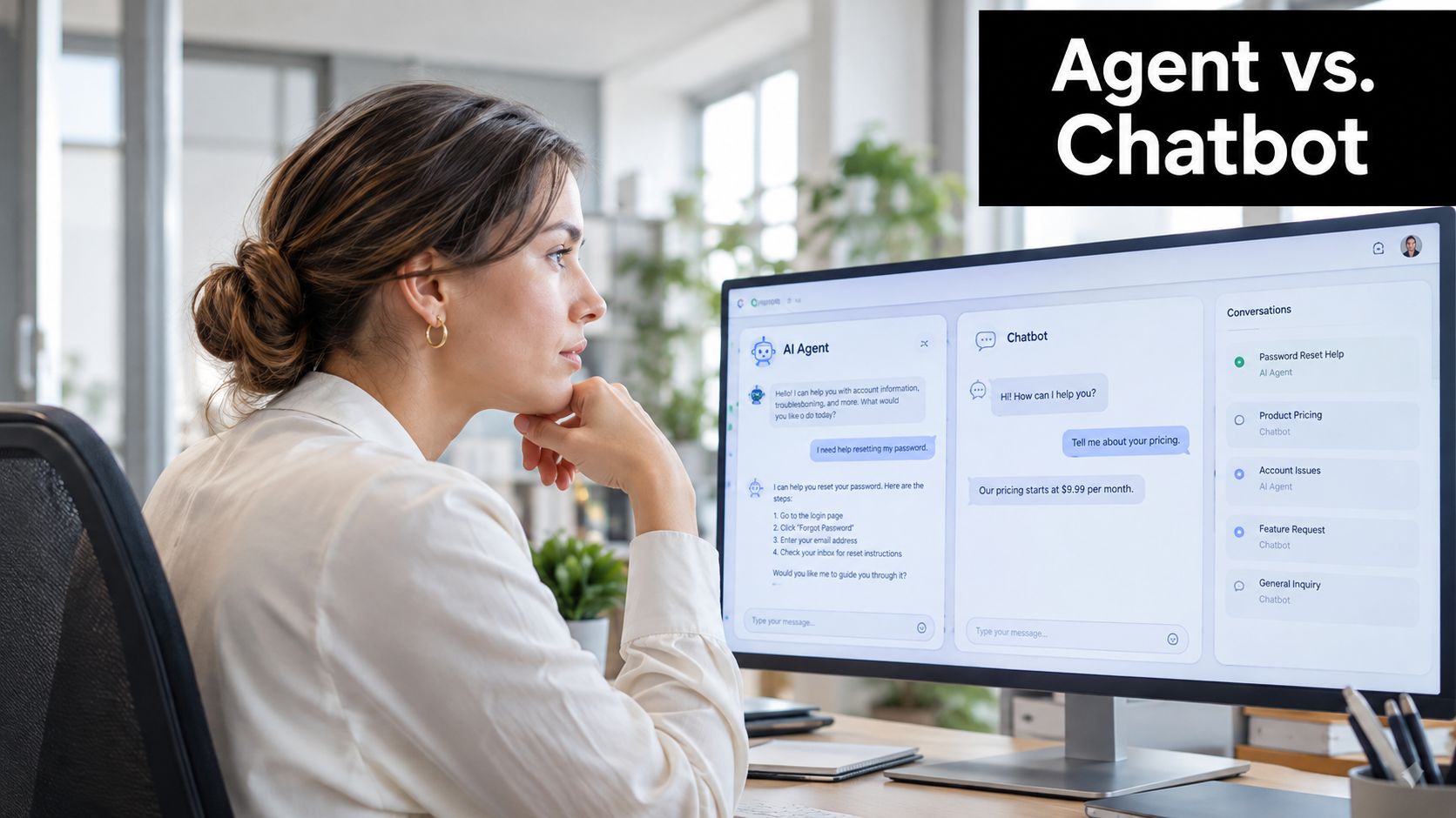 A professional woman looks at a computer screen comparing AI Agent and Chatbot conversation interfaces side-by-side.