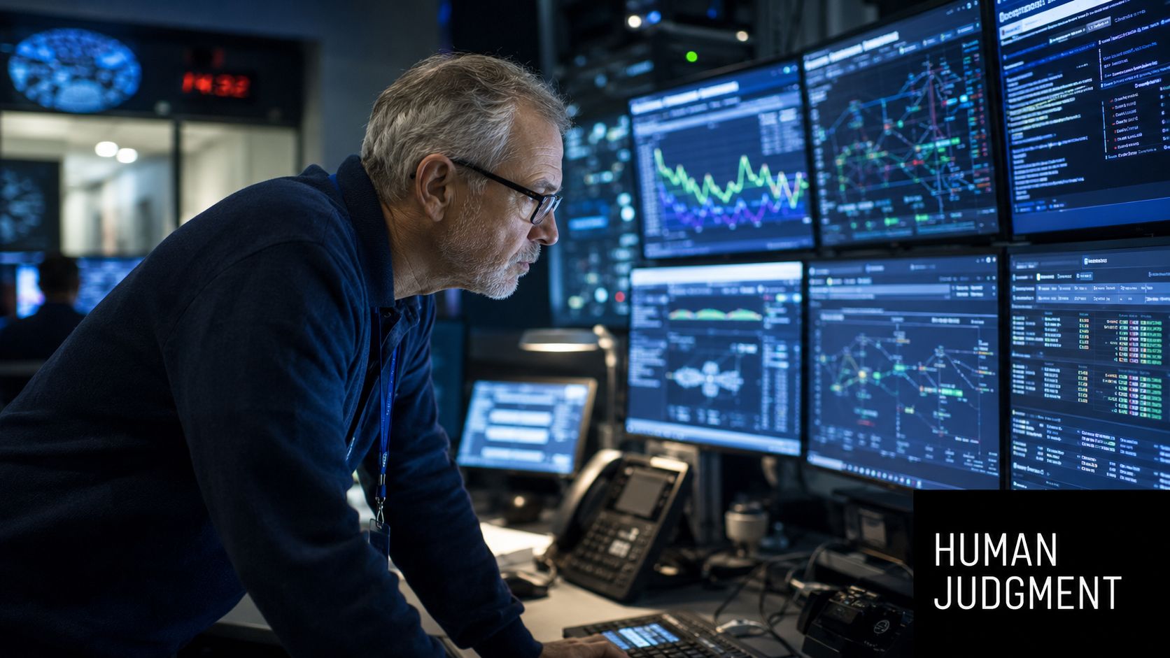 A focused man in glasses examines complex data charts on multiple computer screens in a dark office.