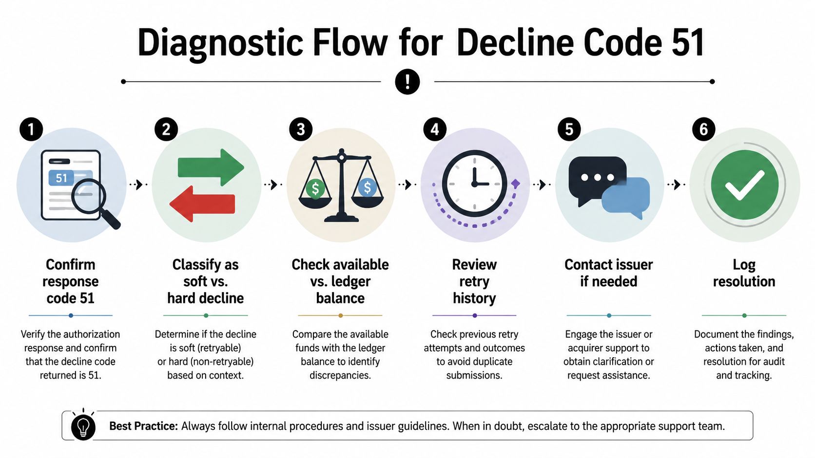 A six-step diagnostic flow chart explaining how to resolve a payment decline code 51.