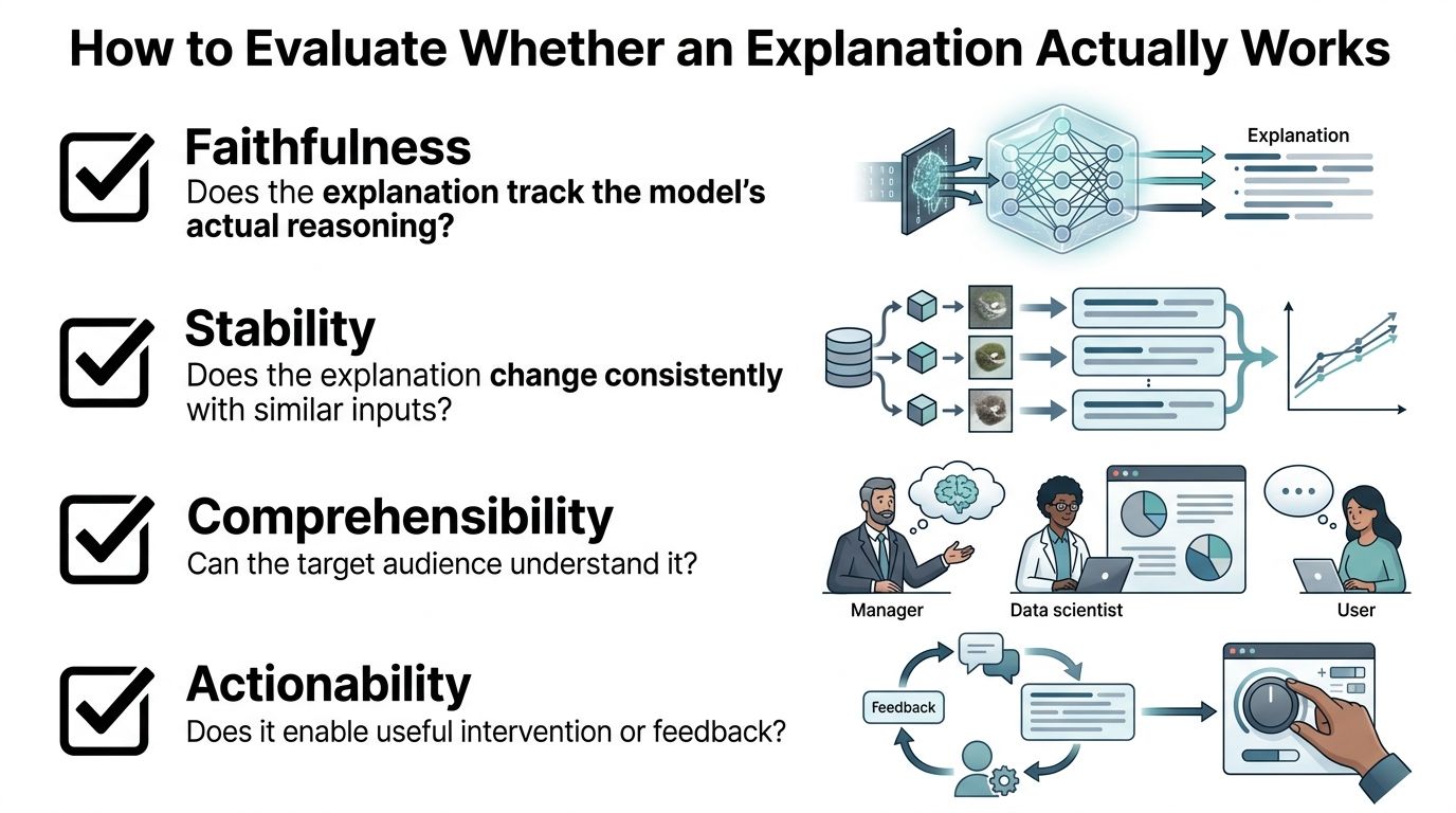 An infographic showing four criteria for evaluating AI explanations: faithfulness, stability, comprehensibility, and actionability with icons.