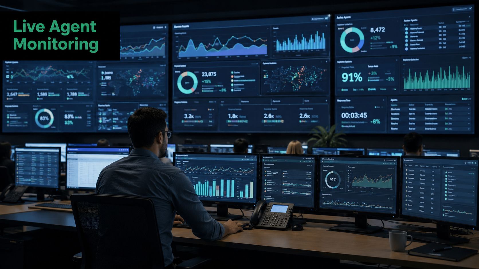 A professional analyst monitors live AI agent performance metrics on a large wall of data dashboards.