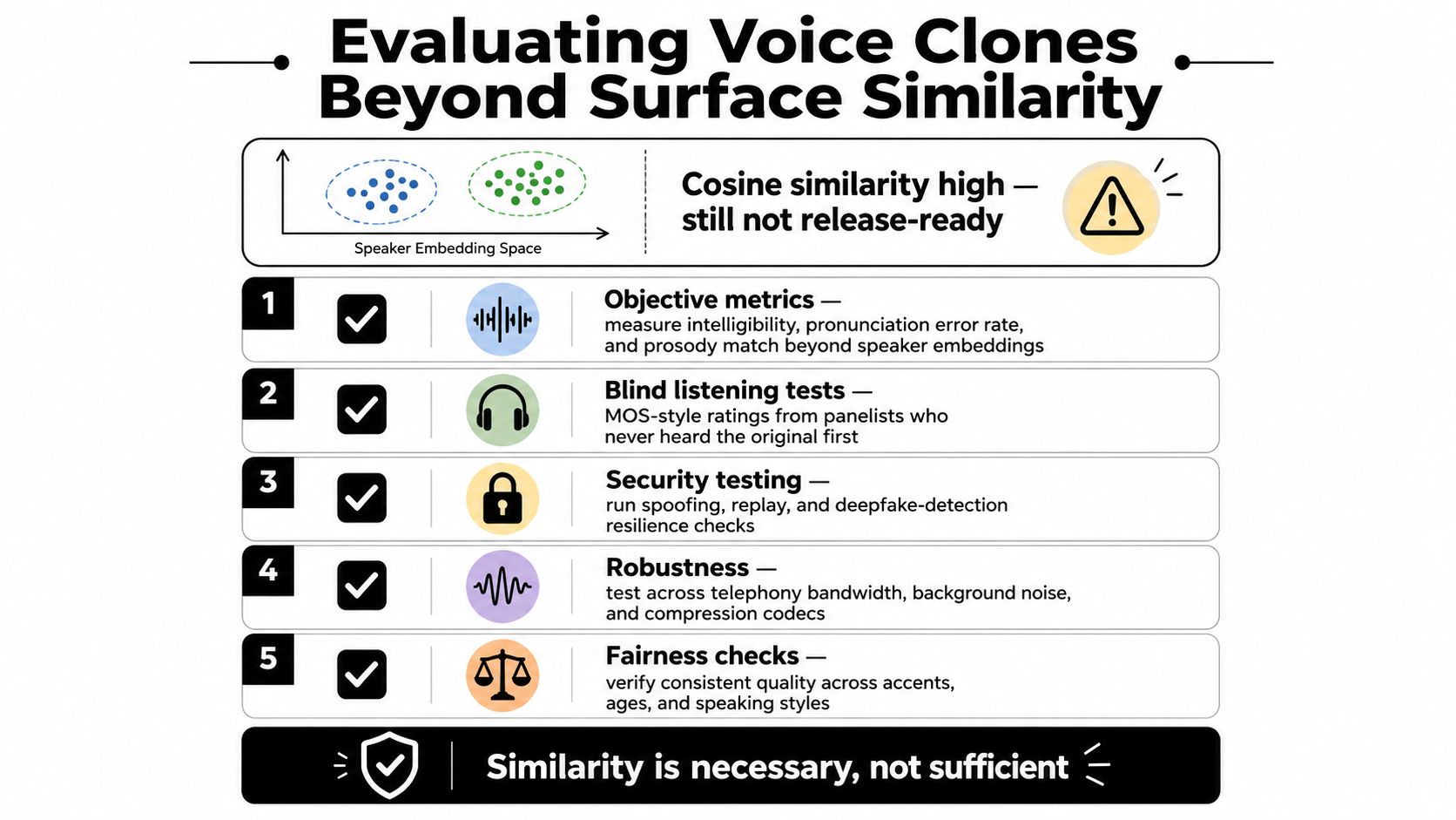 An infographic titled Evaluating Voice Clones Beyond Surface Similarity outlining five key evaluation criteria for voice cloning.