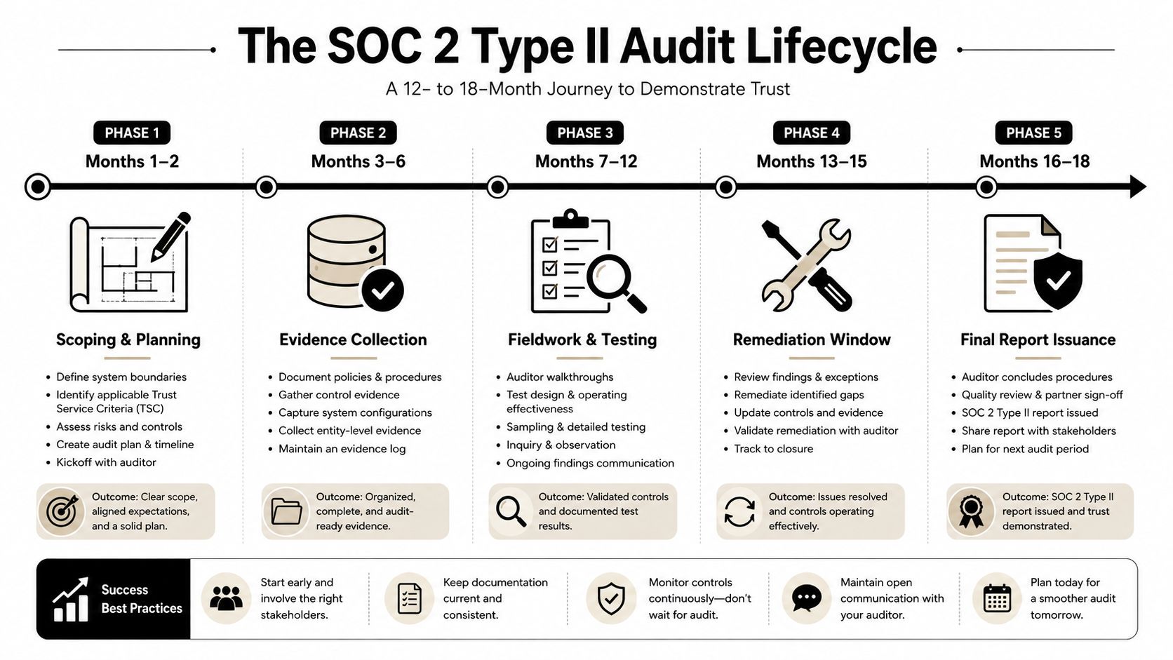 A detailed infographic timeline showing the five phases of the SOC 2 Type II audit lifecycle journey.